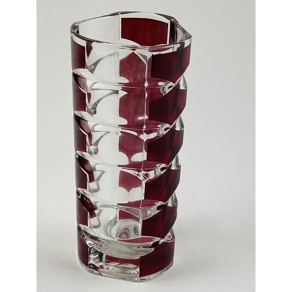 Vtg MCM Triangle Art Glass Vase Windsor Rubis Cranberry Faceted JG Durand France